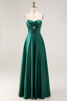 Laden Sie das Bild in den Galerie-Viewer, Dunkelgrüns A-Linie Trägerloses Satin Hochzeitsgastkleid mit Herzausschnitt