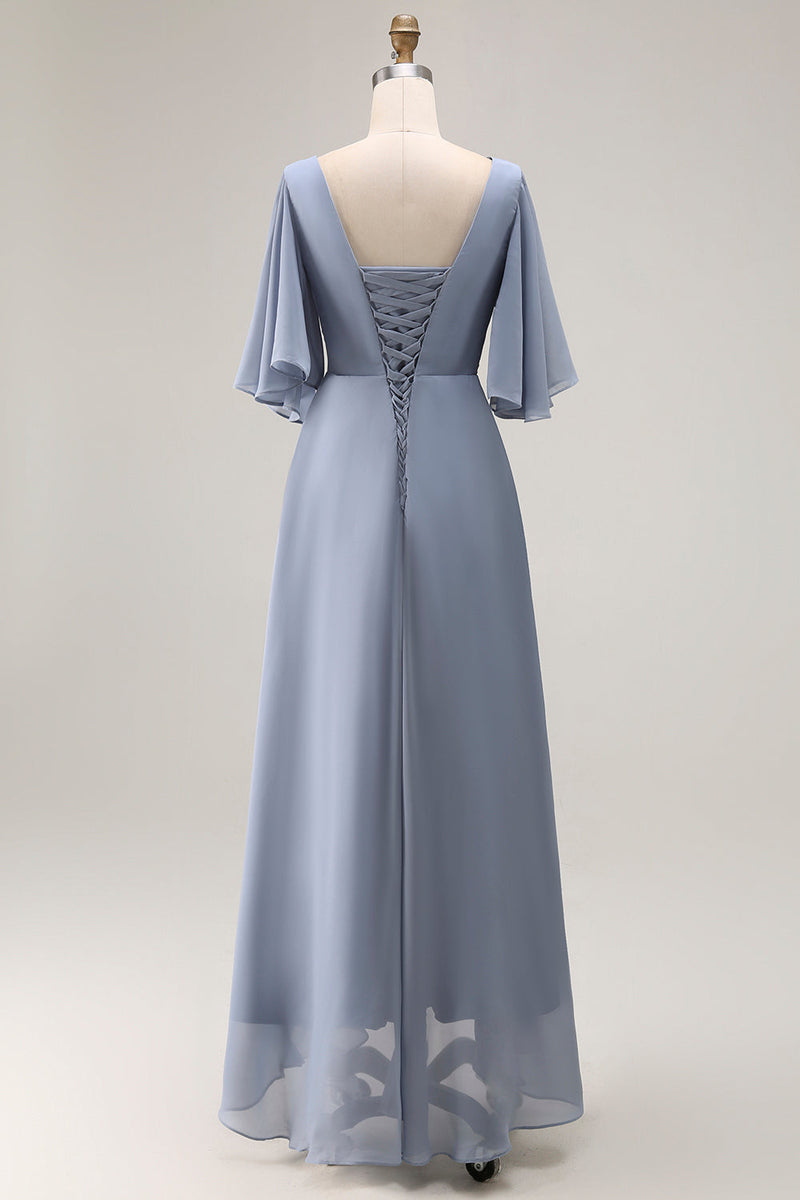 Laden Sie das Bild in den Galerie-Viewer, Staubiges Blaues A-Linie Halbärmel Chorkleid mit Schnürung
