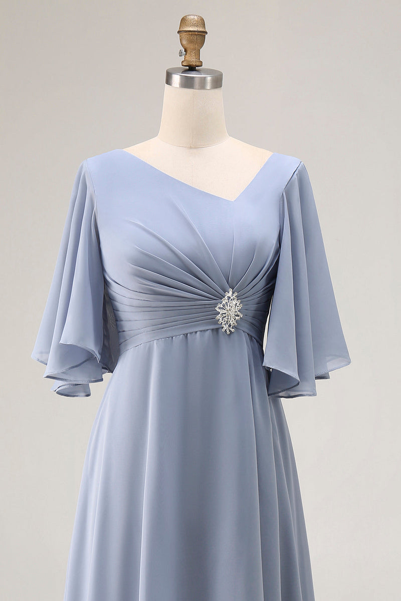 Laden Sie das Bild in den Galerie-Viewer, Staubiges Blaues A-Linie Halbärmel Chorkleid mit Schnürung