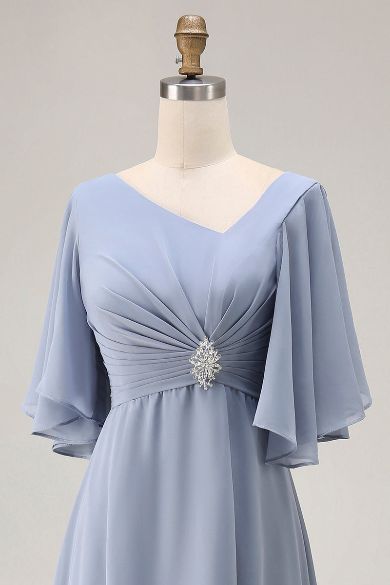 Laden Sie das Bild in den Galerie-Viewer, Staubiges Blaues A-Linie Halbärmel Chorkleid mit Schnürung