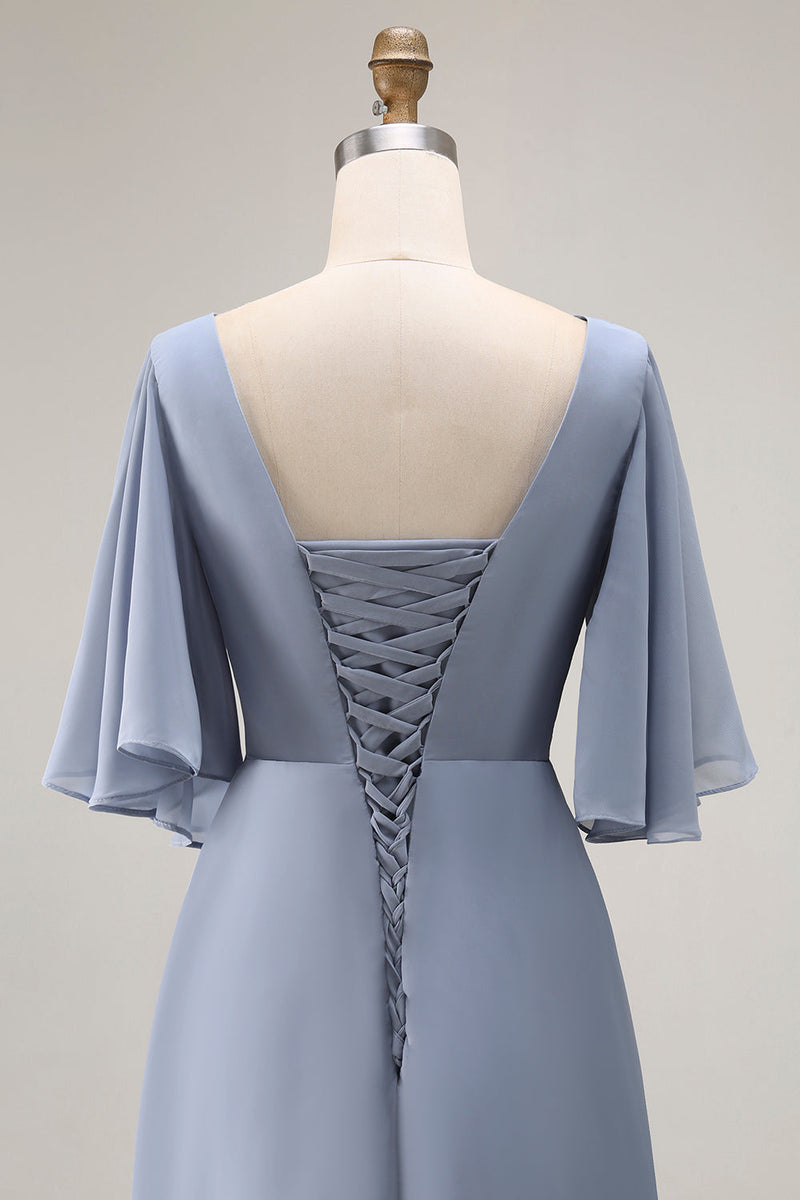 Laden Sie das Bild in den Galerie-Viewer, Staubiges Blaues A-Linie Halbärmel Chorkleid mit Schnürung