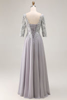 Laden Sie das Bild in den Galerie-Viewer, Silbernes A-Linie Kleid für die Mutter der Braut mit V-Ausschnitt und 3/4 Ärmeln