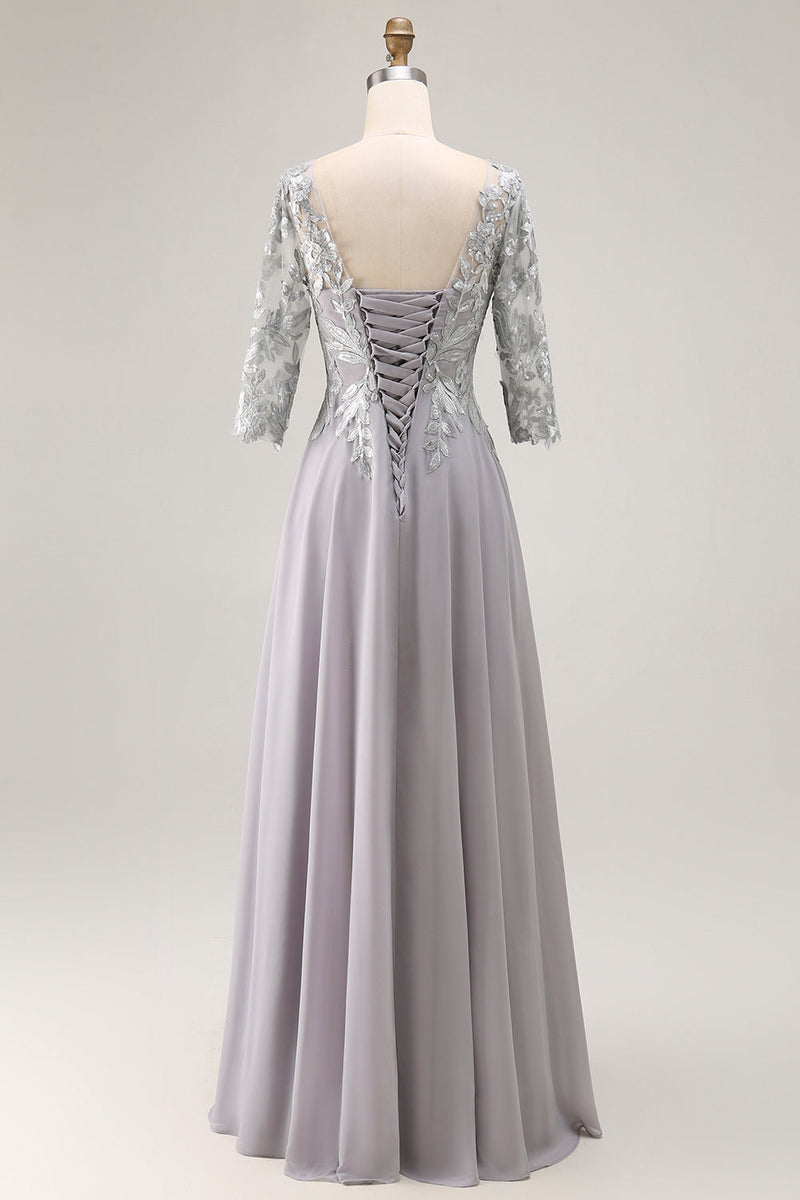 Laden Sie das Bild in den Galerie-Viewer, Silbernes A-Linie Kleid für die Mutter der Braut mit V-Ausschnitt und 3/4 Ärmeln