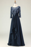 Laden Sie das Bild in den Galerie-Viewer, Marineblaues A-Linie Applikiertes Langes Chorkleid mit 3/4-Ärmeln