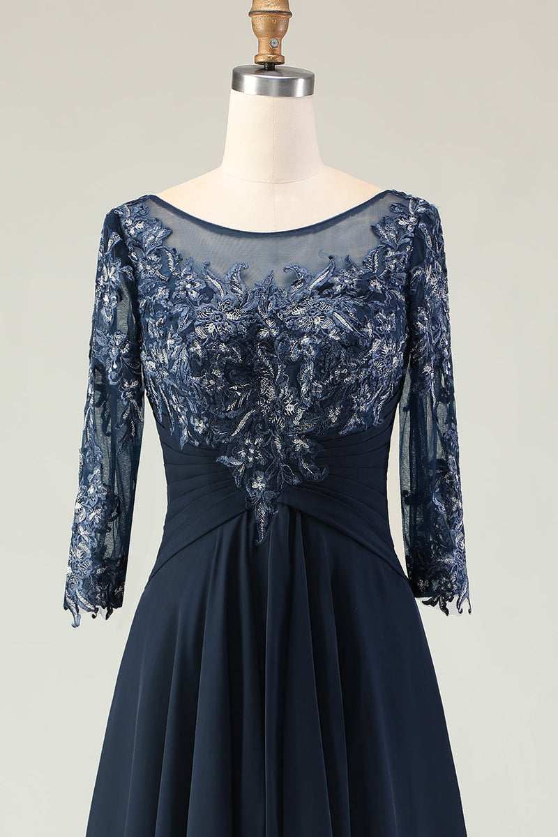 Laden Sie das Bild in den Galerie-Viewer, Marineblaues A-Linie Applikiertes Langes Chorkleid mit 3/4-Ärmeln