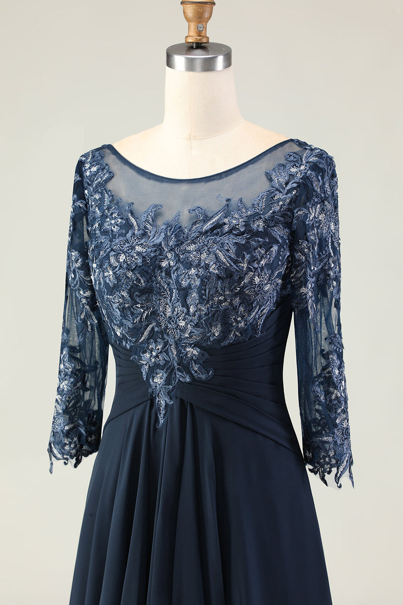 Laden Sie das Bild in den Galerie-Viewer, Marineblaues A-Linie Applikiertes Langes Chorkleid mit 3/4-Ärmeln