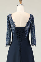 Laden Sie das Bild in den Galerie-Viewer, Marineblaues Appliziertes A-Linie Kleid für die Brautmutter mit Ärmeln