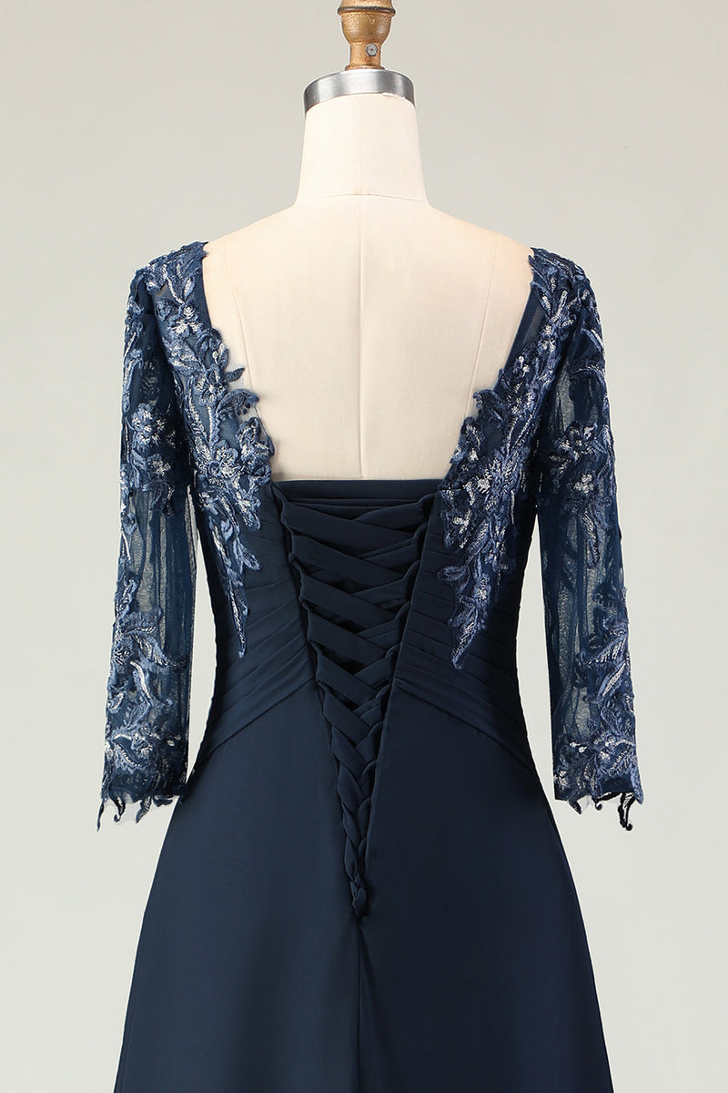 Laden Sie das Bild in den Galerie-Viewer, Marineblaues A-Linie Applikiertes Langes Chorkleid mit 3/4-Ärmeln