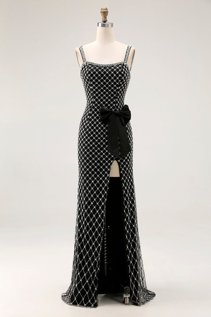 Laden Sie das Bild in den Galerie-Viewer, Schwarzes Perlenbesetztes Meerjungfrau Spaghettiträger Strass Seitenschleife Langes Ballkleid mit Schlitz