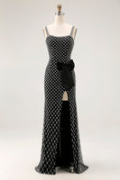 Laden Sie das Bild in den Galerie-Viewer, Schwarzes Meerjungfrauen Perlenträger Strassstein Seitenschleife Langes Ballkleid mit Schlitz