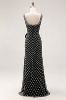 Laden Sie das Bild in den Galerie-Viewer, Schwarzes Meerjungfrauen Perlenträger Strassstein Seitenschleife Langes Ballkleid mit Schlitz