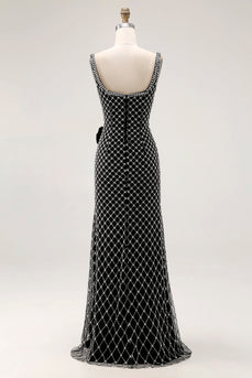 Schwarzes Perlenbesetztes Meerjungfrau Spaghettiträger Strass Seitenschleife Langes Ballkleid mit Schlitz