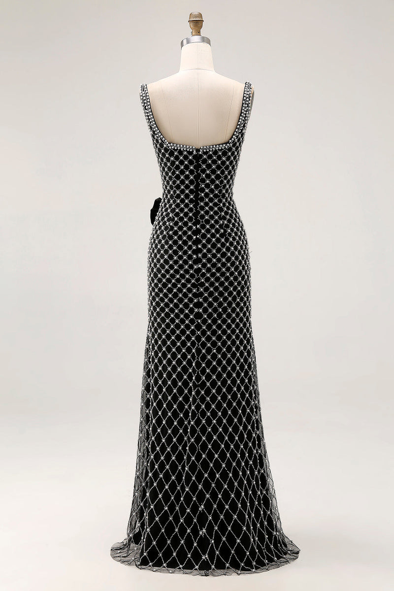 Laden Sie das Bild in den Galerie-Viewer, Schwarze Meerjungfrauen Strasssteinen Seitenschleife Langes Ballkleid mit Schlitz