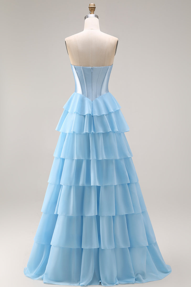 Laden Sie das Bild in den Galerie-Viewer, Rosa Trägerloses A-Linie Korsett Pailletten Langes Ballkleid mit Schlitz