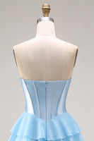 Laden Sie das Bild in den Galerie-Viewer, Blaues Trägerloses Korsett A-Linie Gestuftes Rüschendes Langes Ballkleid mit Schlitz