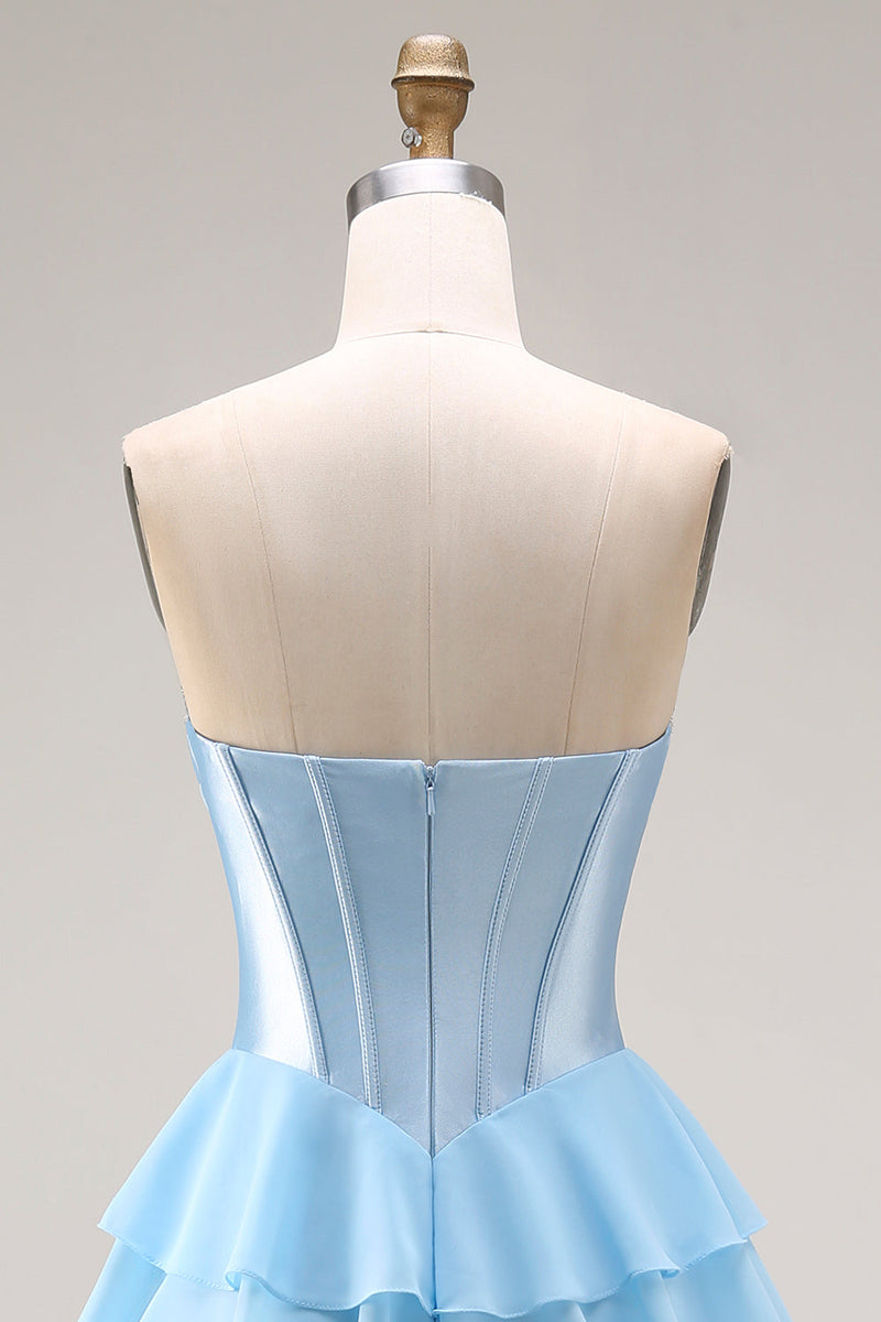 Laden Sie das Bild in den Galerie-Viewer, Blaues Trägerloses Korsett A-Linie Gestuftes Rüschendes Langes Ballkleid mit Schlitz