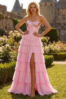 Laden Sie das Bild in den Galerie-Viewer, Rosa Trägerloses A-Linie Korsett Pailletten Langes Ballkleid mit Schlitz