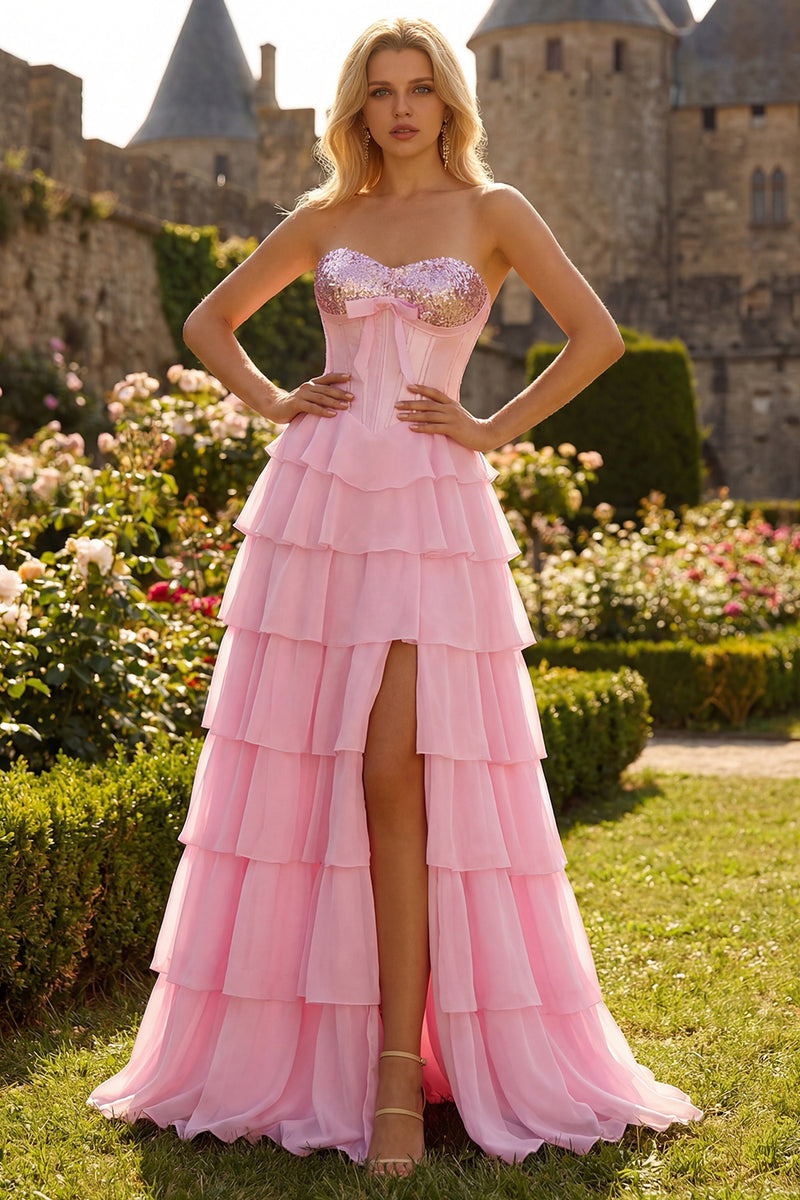 Laden Sie das Bild in den Galerie-Viewer, Rosa Trägerloses A-Linie Korsett Pailletten Langes Ballkleid mit Schlitz