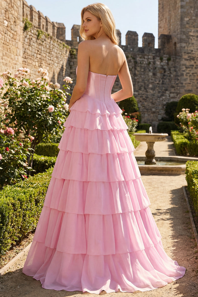 Laden Sie das Bild in den Galerie-Viewer, Rosa Trägerloses A-Linie Korsett Pailletten Langes Ballkleid mit Schlitz