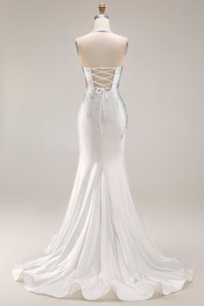 Weißes Perlen Neckholder Meerjungfrauen Satin Langes Ballkleid