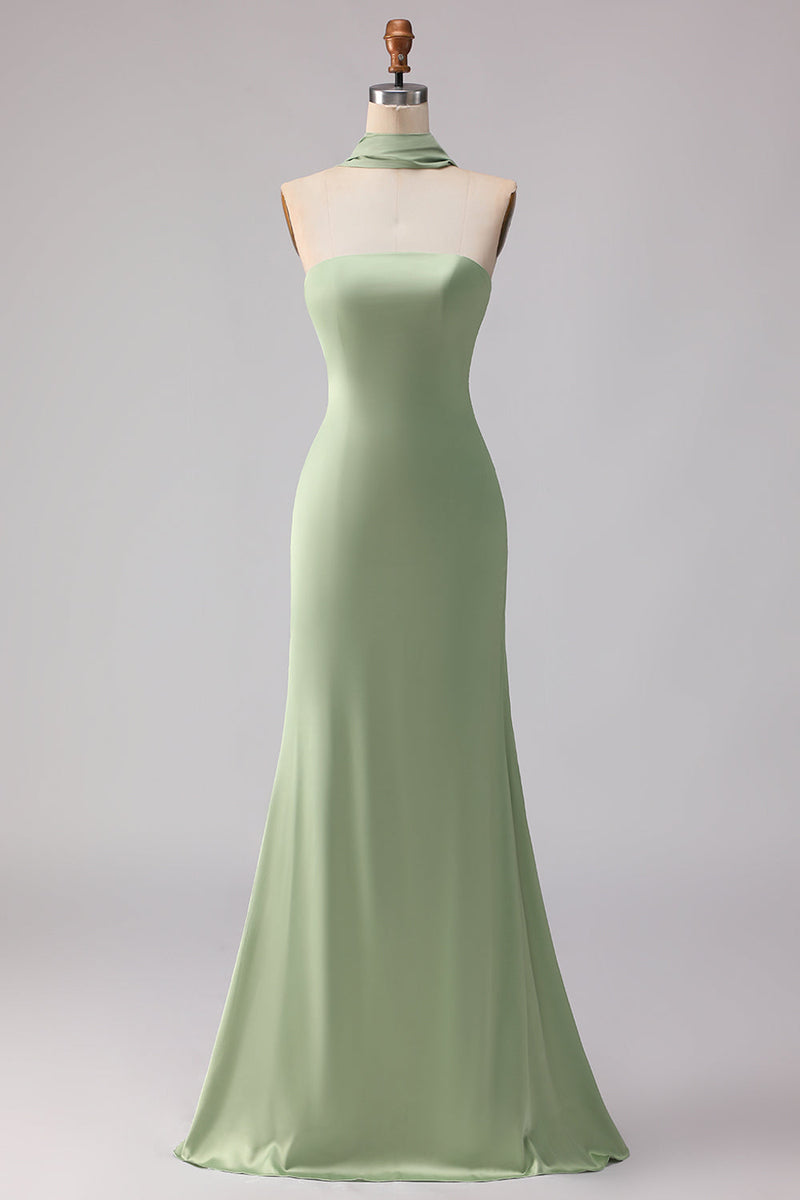 Laden Sie das Bild in den Galerie-Viewer, Trägerloses Staubiges Salbei Meerjungfrauen Satin Langes Brautjungfernkleid mit Halsschal