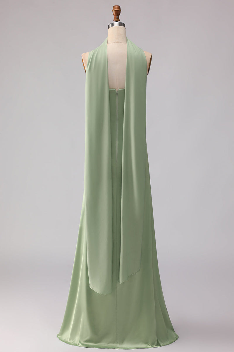 Laden Sie das Bild in den Galerie-Viewer, Trägerloses Staubiges Salbei Meerjungfrauen Satin Langes Brautjungfernkleid mit Halsschal