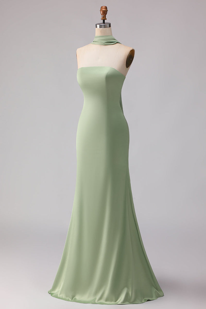 Laden Sie das Bild in den Galerie-Viewer, Trägerloses Staubiges Salbei Meerjungfrauen Satin Langes Brautjungfernkleid mit Halsschal