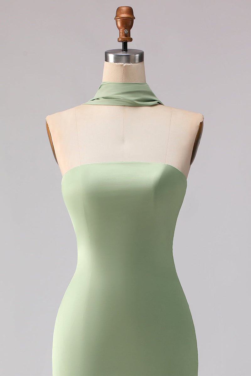 Laden Sie das Bild in den Galerie-Viewer, Trägerloses Staubiges Salbei Meerjungfrauen Satin Langes Brautjungfernkleid mit Halsschal