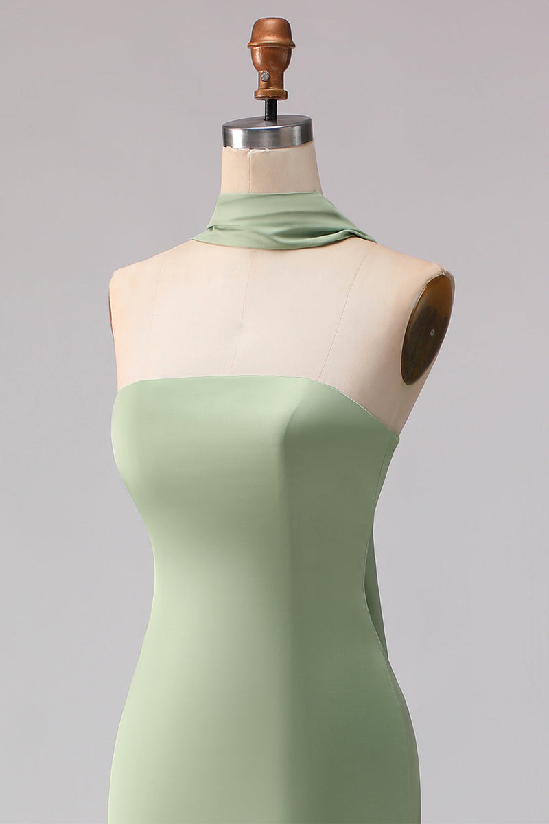 Laden Sie das Bild in den Galerie-Viewer, Trägerloses Staubiges Salbei Meerjungfrauen Satin Langes Brautjungfernkleid mit Halsschal