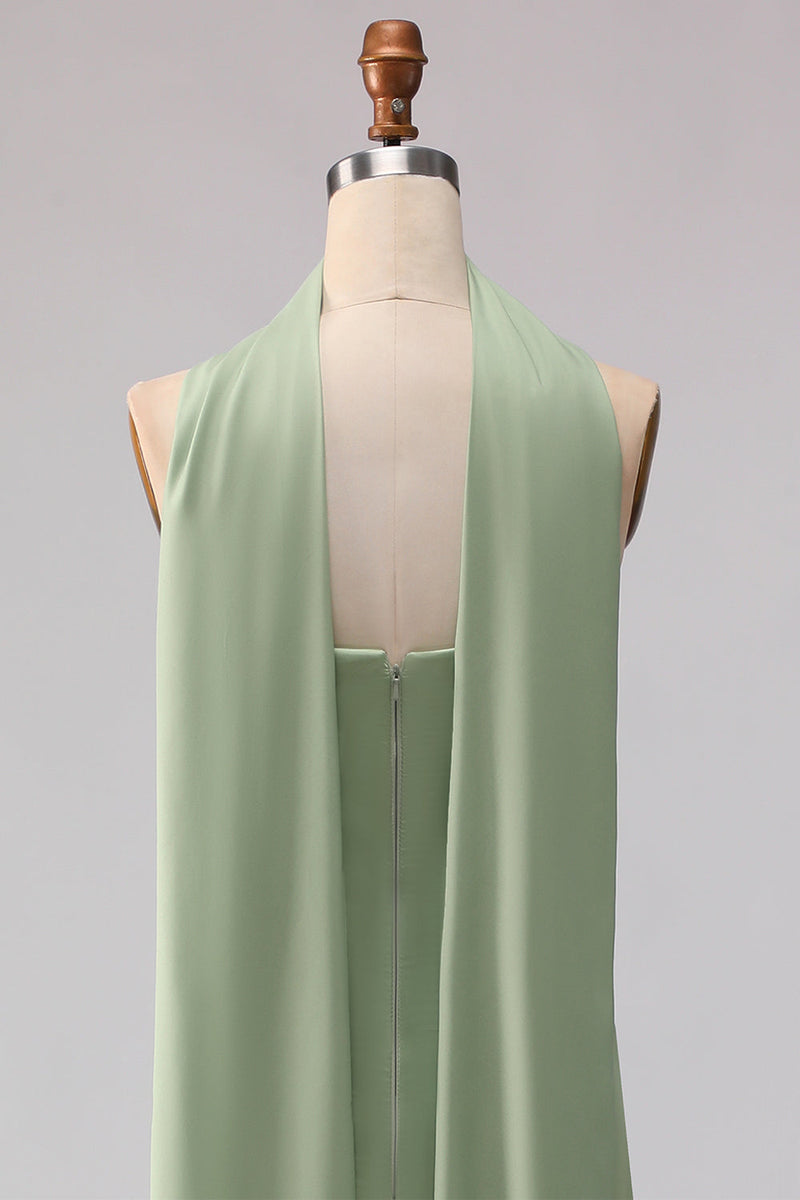 Laden Sie das Bild in den Galerie-Viewer, Trägerloses Staubiges Salbei Meerjungfrauen Satin Langes Brautjungfernkleid mit Halsschal