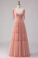 Laden Sie das Bild in den Galerie-Viewer, Blush A-Linie Schleifenträger Gerafftes Offenes Rücken Chiffon Langes Brautjungfernkleid