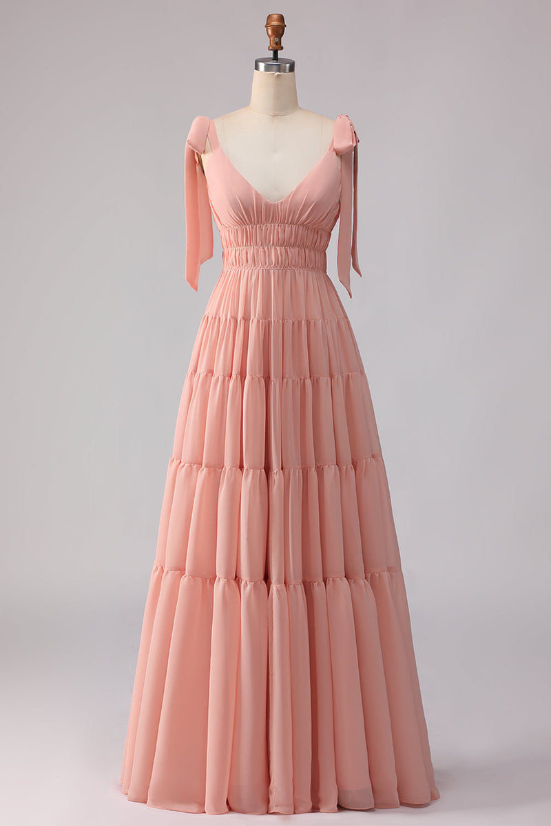 Laden Sie das Bild in den Galerie-Viewer, Blush A-Linie Schleifenträger Gerafftes Offenes Rücken Chiffon Langes Brautjungfernkleid