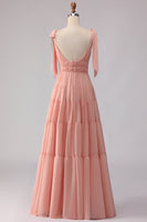 Laden Sie das Bild in den Galerie-Viewer, Blush A-Linie Schleifenträger Gerafftes Offenes Rücken Chiffon Langes Brautjungfernkleid