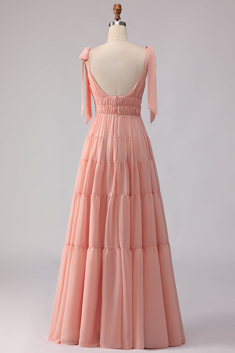Laden Sie das Bild in den Galerie-Viewer, Blush A-Linie Schleifenträger Gerafftes Offenes Rücken Chiffon Langes Brautjungfernkleid