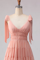 Laden Sie das Bild in den Galerie-Viewer, Blush A-Linie Schleifenträger Gerafftes Offenes Rücken Chiffon Langes Brautjungfernkleid