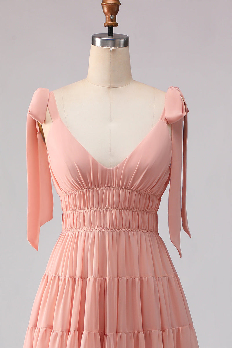 Laden Sie das Bild in den Galerie-Viewer, Blush A-Linie Schleifenträger Gerafftes Offenes Rücken Chiffon Langes Brautjungfernkleid