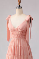 Laden Sie das Bild in den Galerie-Viewer, Blush A-Linie Schleifenträger Gerafftes Offenes Rücken Chiffon Langes Brautjungfernkleid