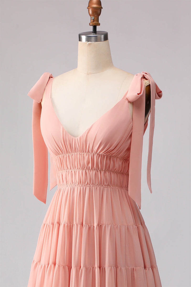 Laden Sie das Bild in den Galerie-Viewer, Blush A-Linie Schleifenträger Gerafftes Offenes Rücken Chiffon Langes Brautjungfernkleid