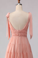Laden Sie das Bild in den Galerie-Viewer, Blush A-Linie Schleifenträger Gerafftes Offenes Rücken Chiffon Langes Brautjungfernkleid