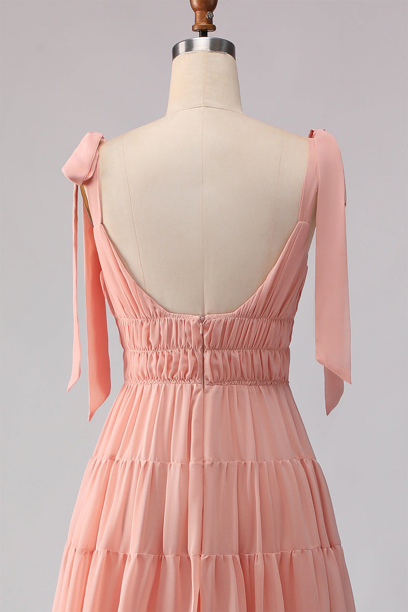 Laden Sie das Bild in den Galerie-Viewer, Blush A-Linie Schleifenträger Gerafftes Offenes Rücken Chiffon Langes Brautjungfernkleid