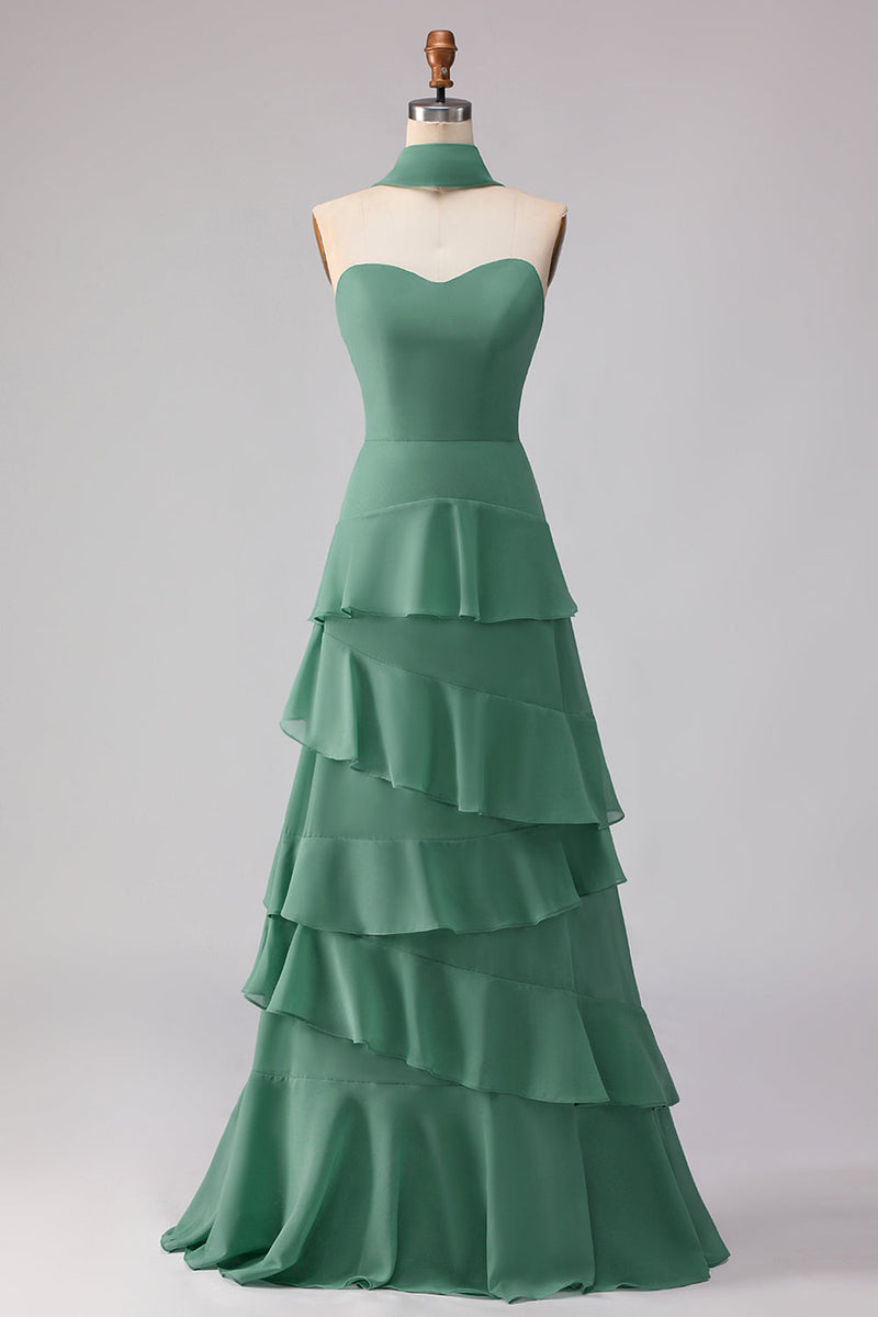 Laden Sie das Bild in den Galerie-Viewer, Grünes A-Linie Rüsche Langes Brautjungfernkleid mit Halsschal