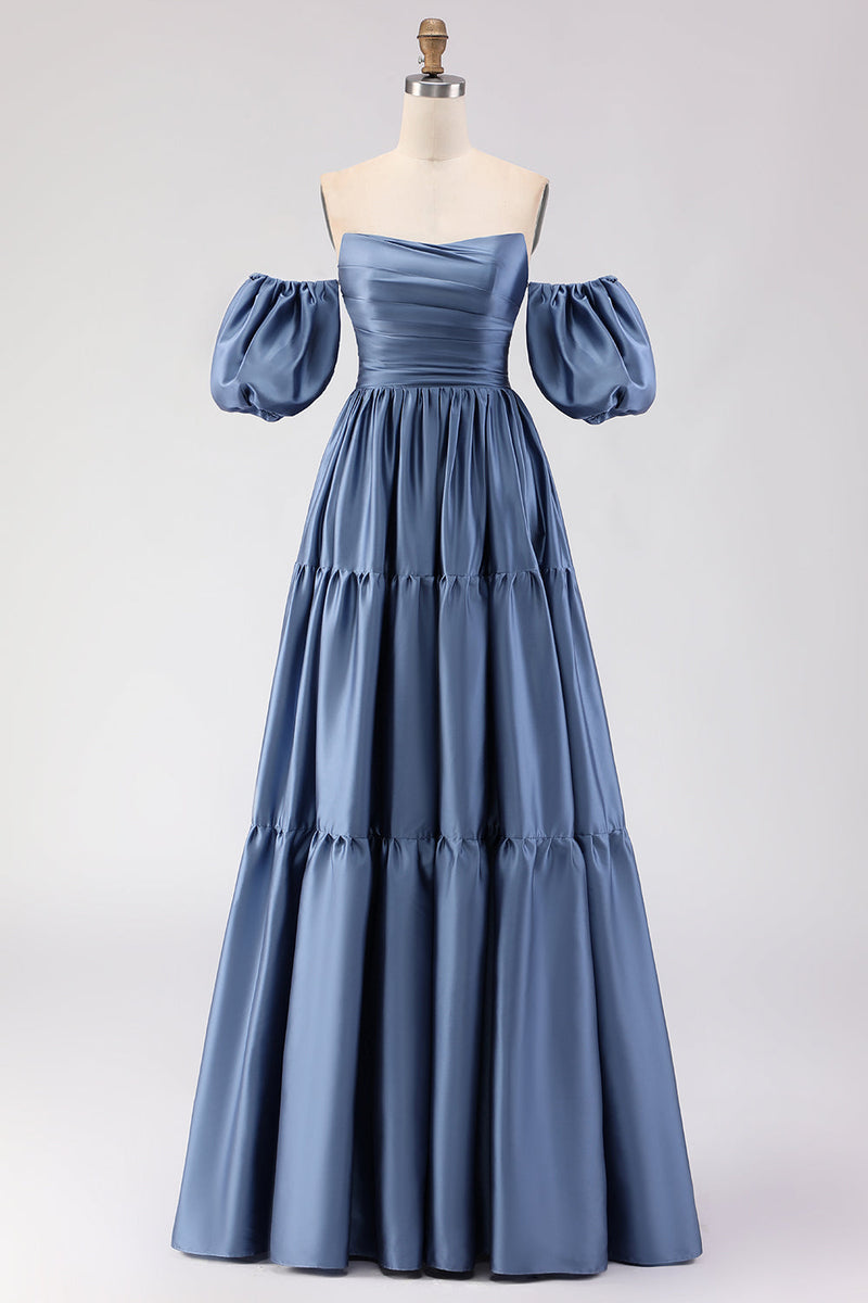 Laden Sie das Bild in den Galerie-Viewer, Stahlblaues, schulterfreies Satin-A-Line-Langballkleid mit abnehmbaren Ärmeln