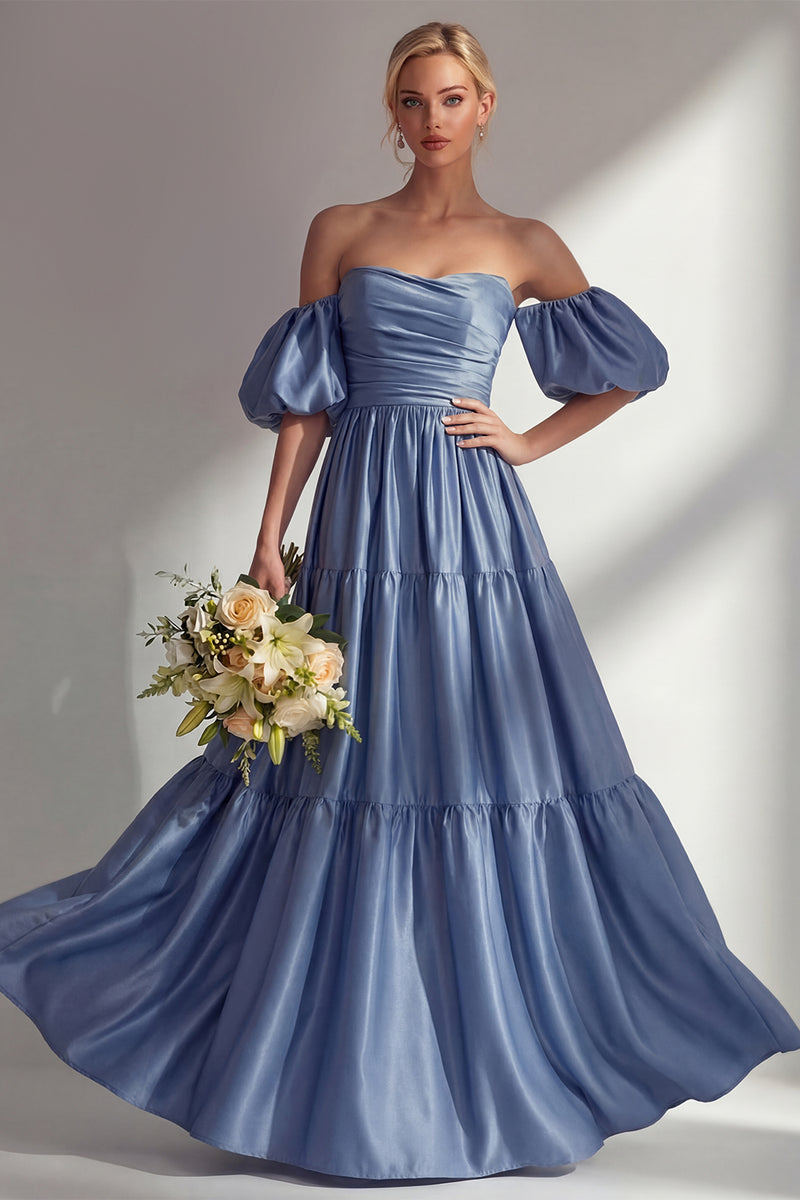 Laden Sie das Bild in den Galerie-Viewer, Stahlblaues Schulterfreies Satin A-Linie Langes Ballkleid mit abnehmbaren Ärmeln