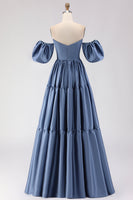 Laden Sie das Bild in den Galerie-Viewer, Stahlblaues, schulterfreies Satin-A-Line-Langballkleid mit abnehmbaren Ärmeln