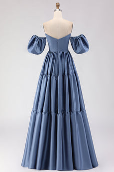 Stahlblaues, schulterfreies Satin-A-Line-Langballkleid mit abnehmbaren Ärmeln