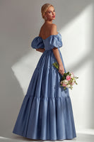 Laden Sie das Bild in den Galerie-Viewer, Stahlblaues Schulterfreies Satin A-Linie Langes Ballkleid mit abnehmbaren Ärmeln
