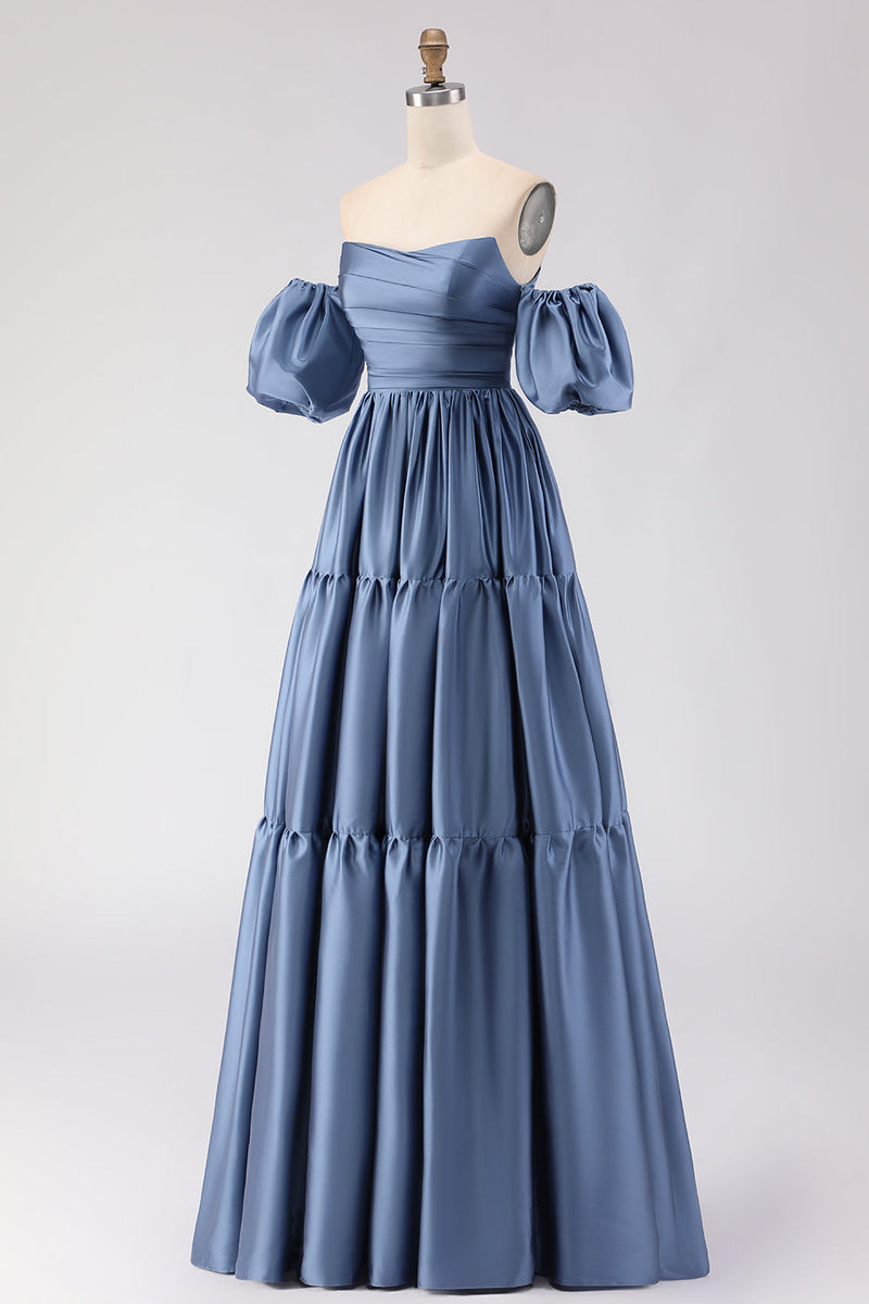 Laden Sie das Bild in den Galerie-Viewer, Stahlblaues, schulterfreies Satin-A-Line-Langballkleid mit abnehmbaren Ärmeln