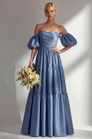 Laden Sie das Bild in den Galerie-Viewer, Stahlblaues Schulterfreies Satin A-Linie Langes Ballkleid mit abnehmbaren Ärmeln