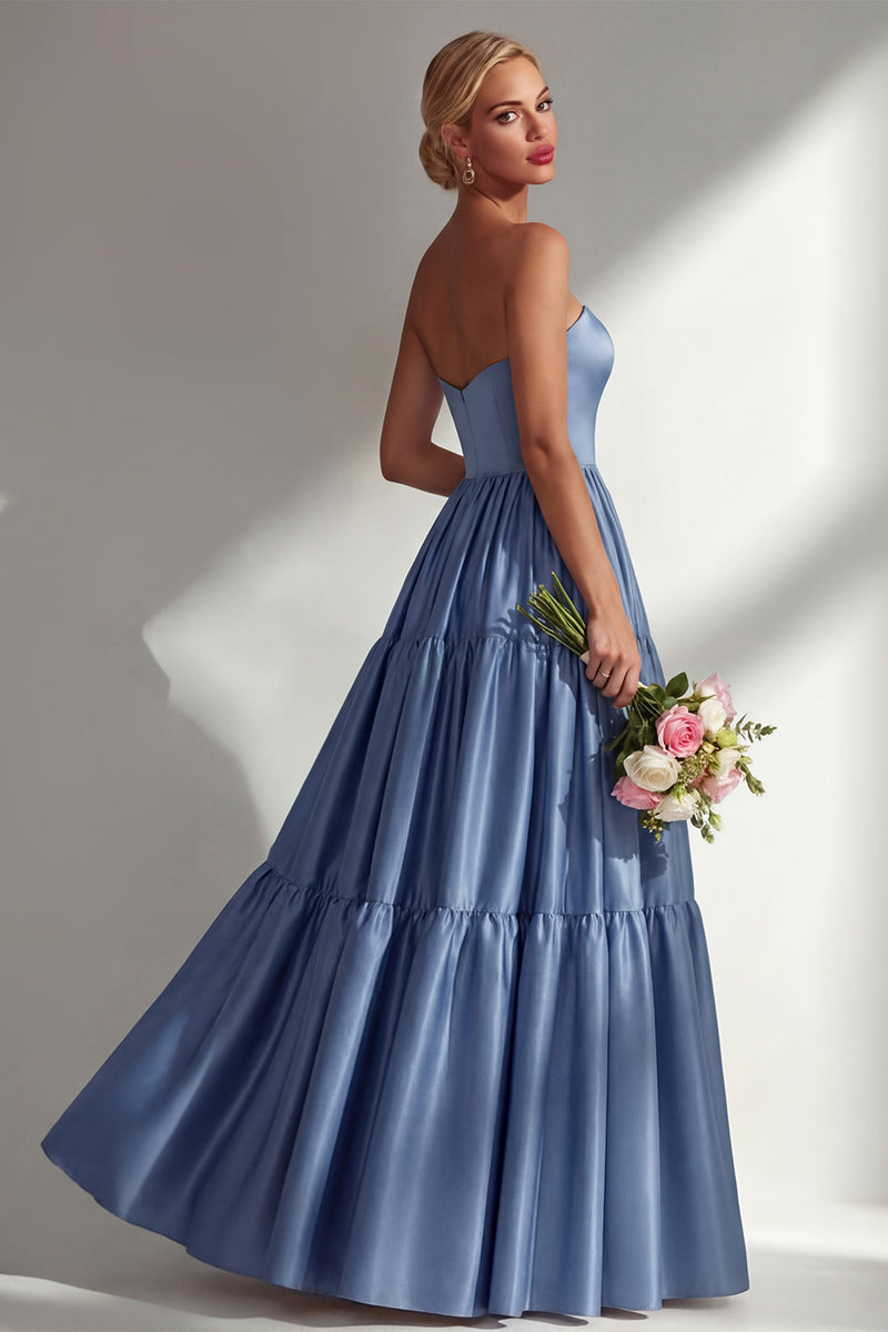 Laden Sie das Bild in den Galerie-Viewer, Stahlblaues Schulterfreies Satin A-Linie Langes Ballkleid mit abnehmbaren Ärmeln