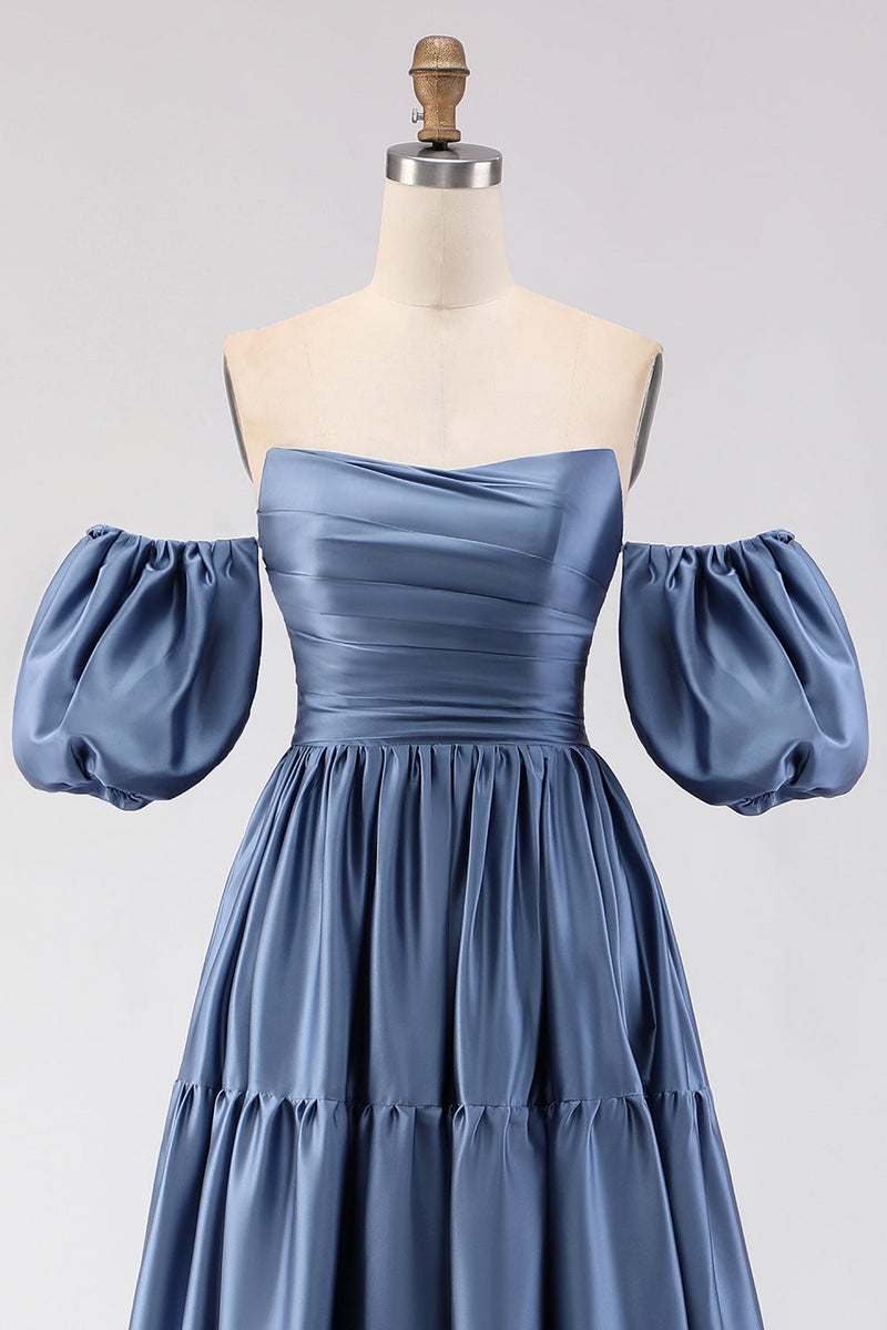 Laden Sie das Bild in den Galerie-Viewer, Stahlblaues, schulterfreies Satin-A-Line-Langballkleid mit abnehmbaren Ärmeln